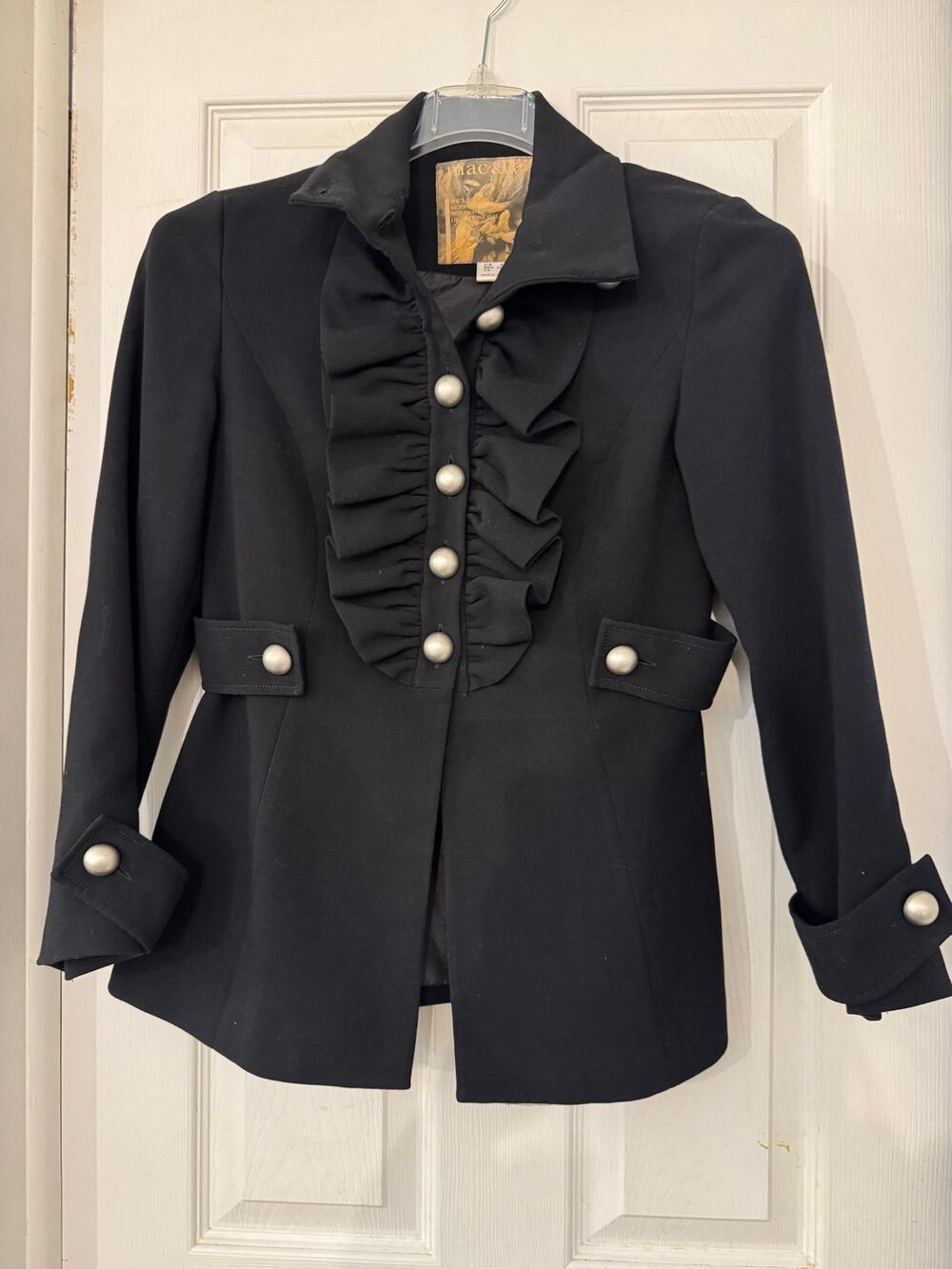 MAC & JAC Black Ruffle Front Military Peplum Jacket Silver Buttons – Size S